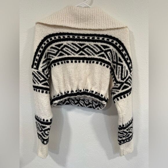JOIE Women's Cream Black Aztec Fair Isle Pattern Half Zip Chunky Crop Sweater, S - Picture 3 of 4